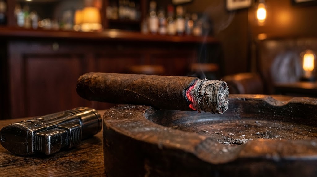 Premium cigar with an uneven burn line resting on a wooden ashtray beside a torch lighter