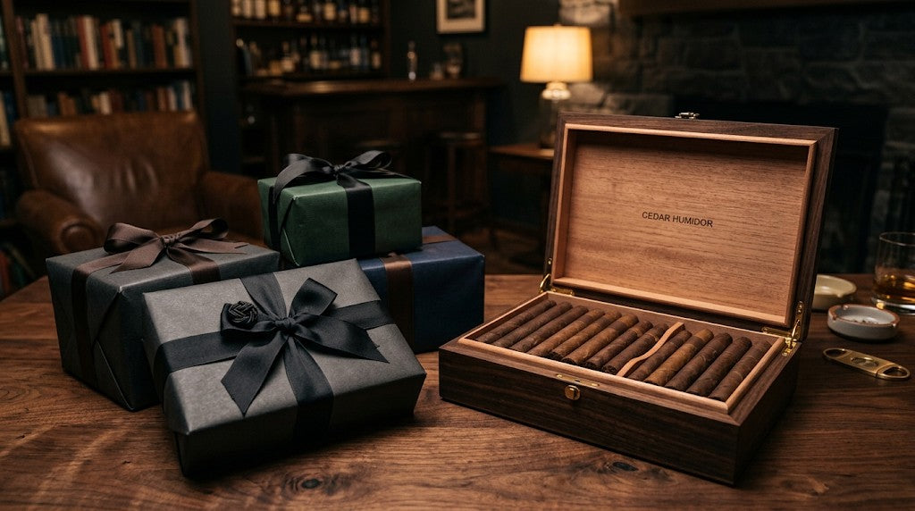 Wrapped gift boxes beside an open cedar humidor of premium cigars, classic gifts for cigar lovers