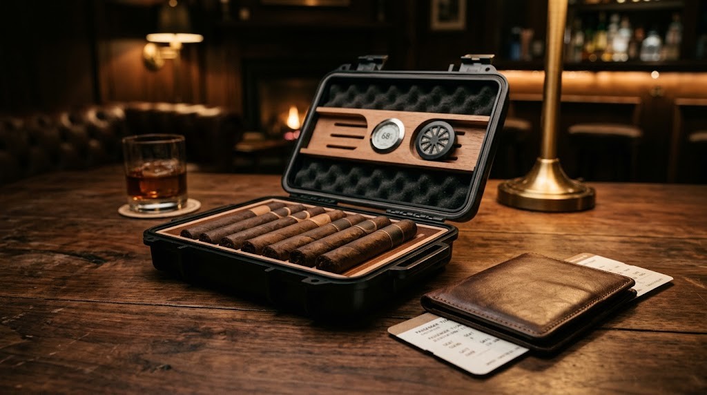 Open cigar travel humidor case with premium cigars beside a passport wallet