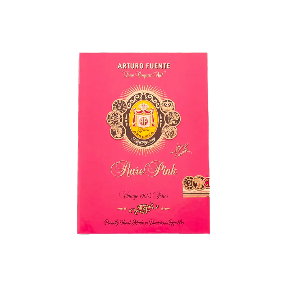 Arturo Fuente Rare Pink Vintage 1960 Happy Ending Sampler Box featuring premium perfecto cigars in distinctive pink presentation packaging.