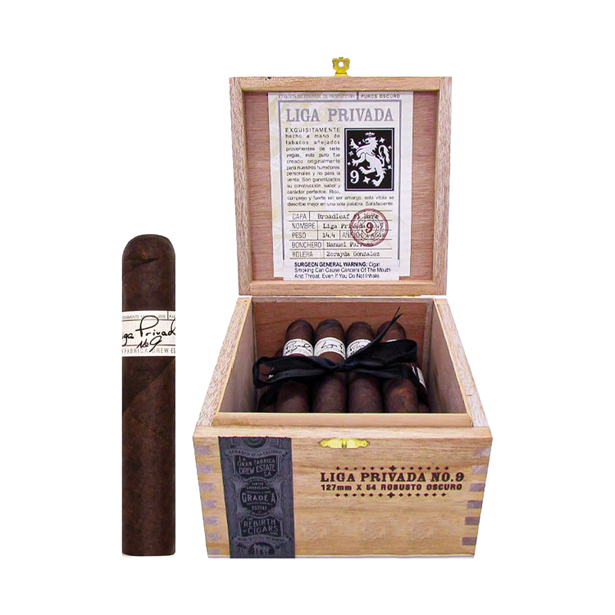 Liga Privada No. 9 Robusto full-bodied premium cigar with dark wrapper displayed inside Santa Monica Cigars humidor