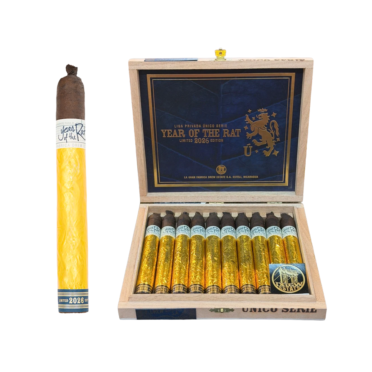 Box of 10 Liga Privada Unico Serie Year of the Rat 2026 cigars by Drew Estate