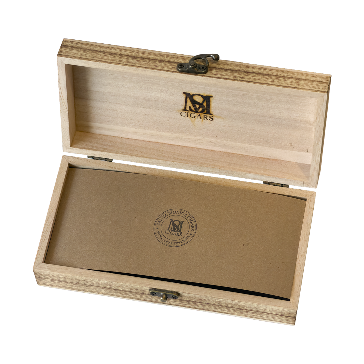 Santa Monica Trio wooden gift box open with kraft paper sleeve and SM Cigars seal