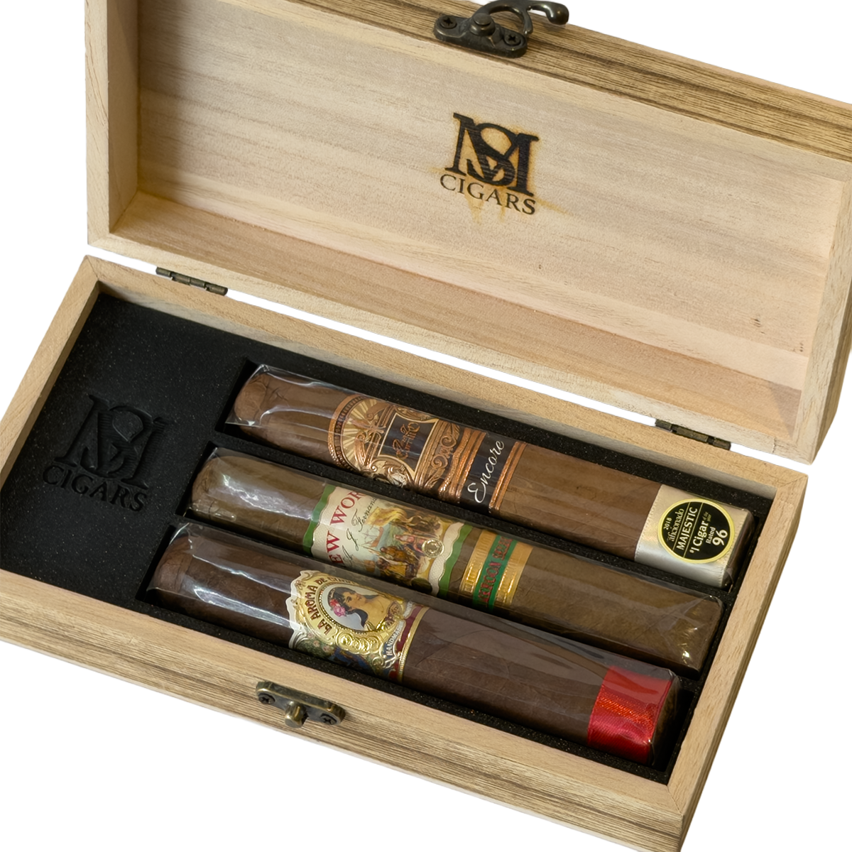 Close-up of three premium robusto cigars in the Santa Monica Trio gift box