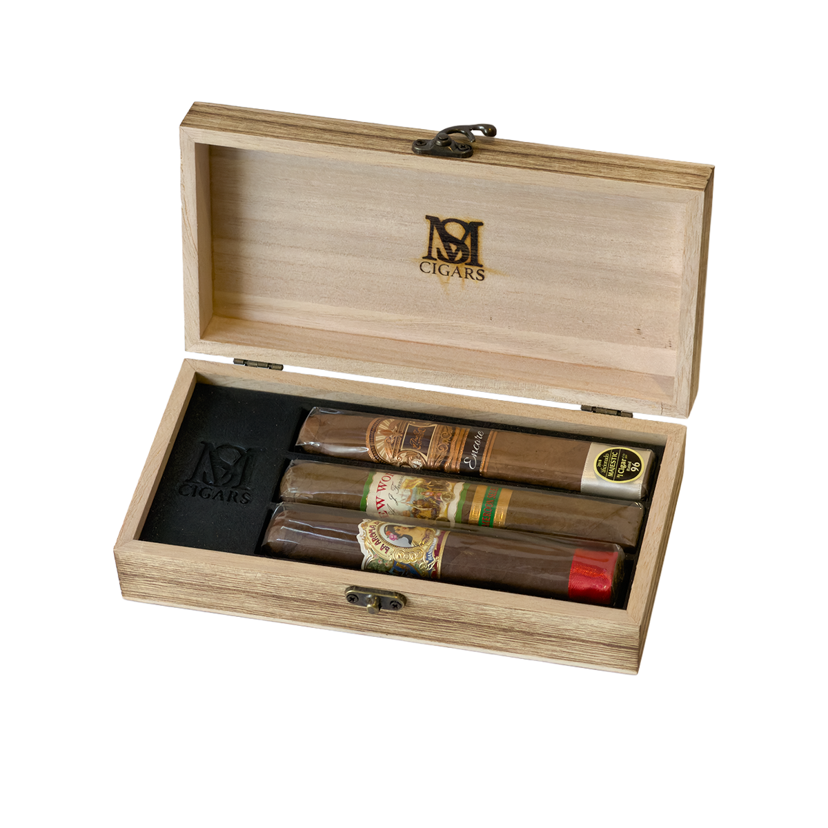 The Santa Monica Trio gift box open with three premium cigars