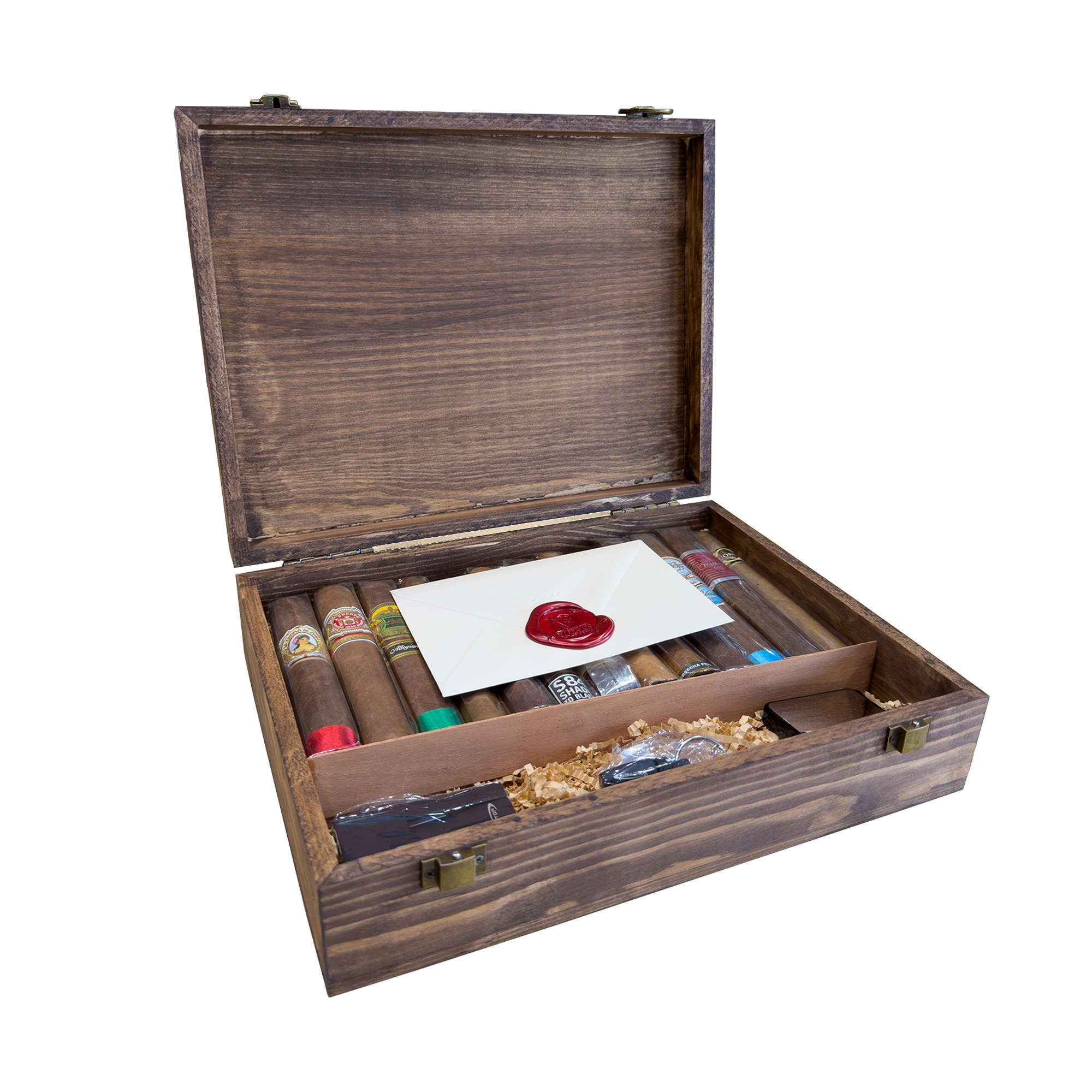 Santa Monica Cigars Gift Box contents with cigars, lighter, cutter, and rest