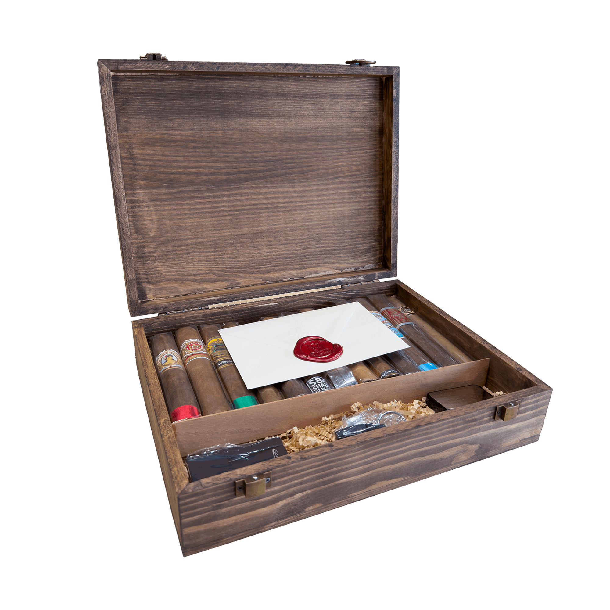 Santa Monica Cigars Gift Box contents with cigars, lighter, cutter, and rest