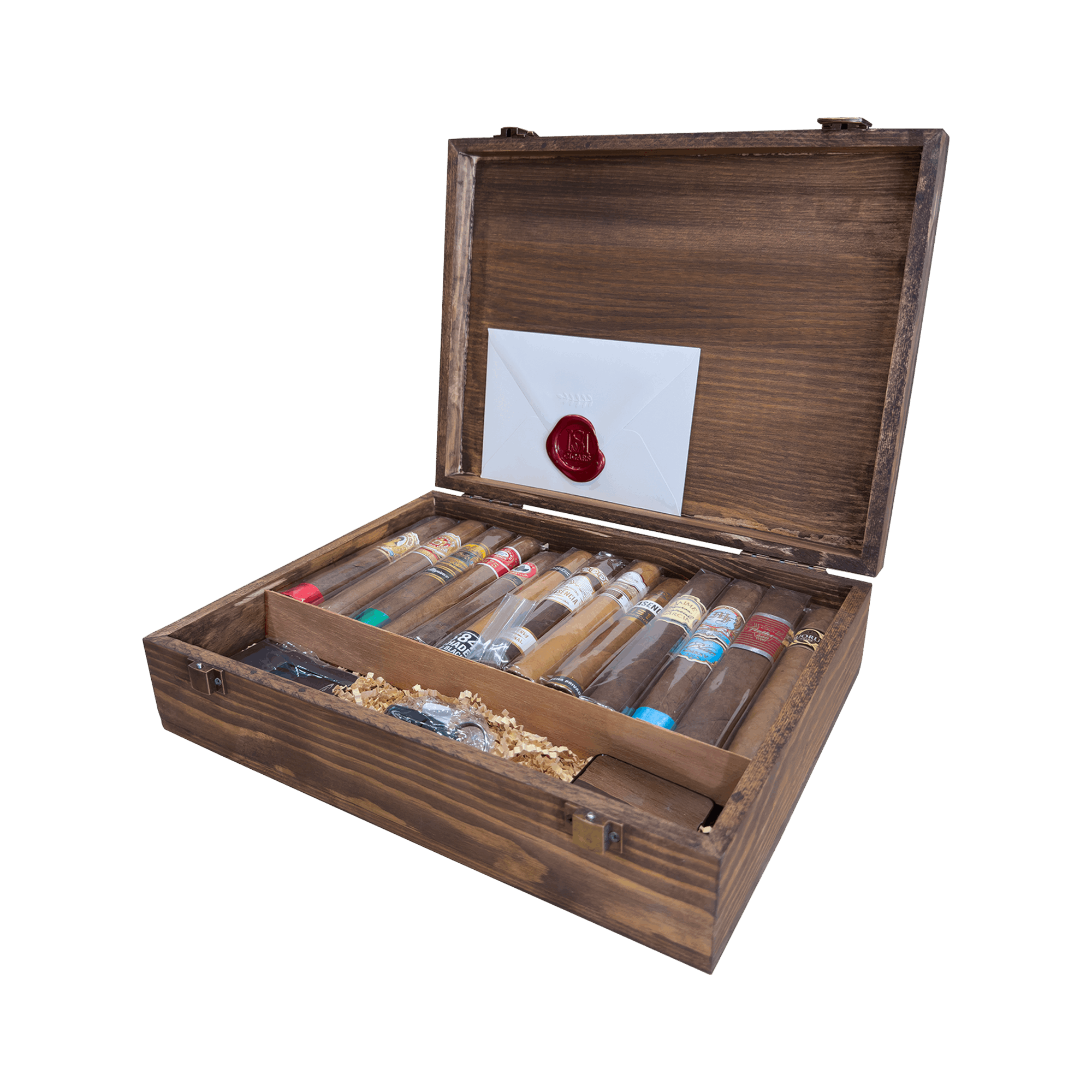 Santa Monica Cigars Gift Box contents with cigars, lighter, cutter, and rest