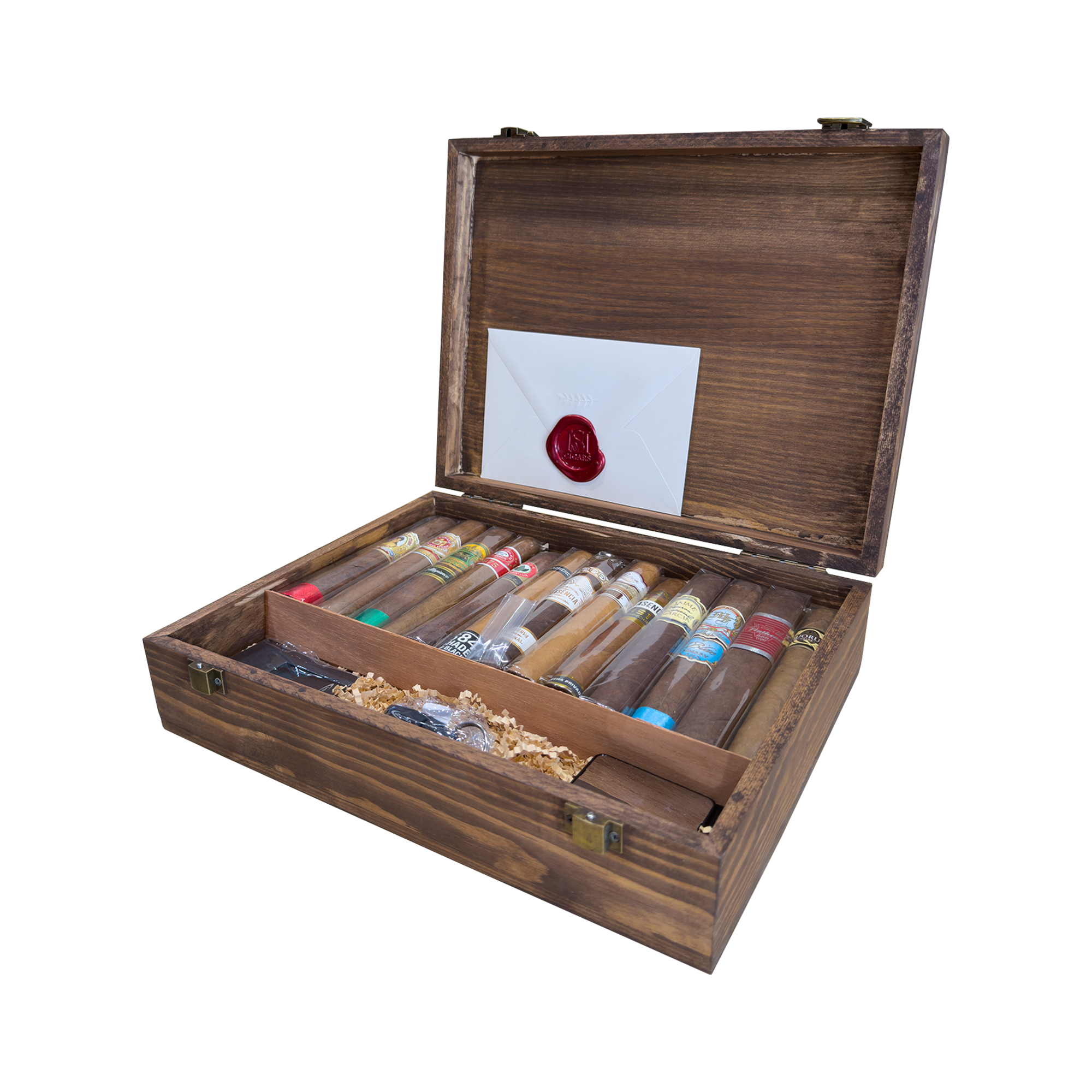 Santa Monica Cigars Gift Box contents with cigars, lighter, cutter, and rest