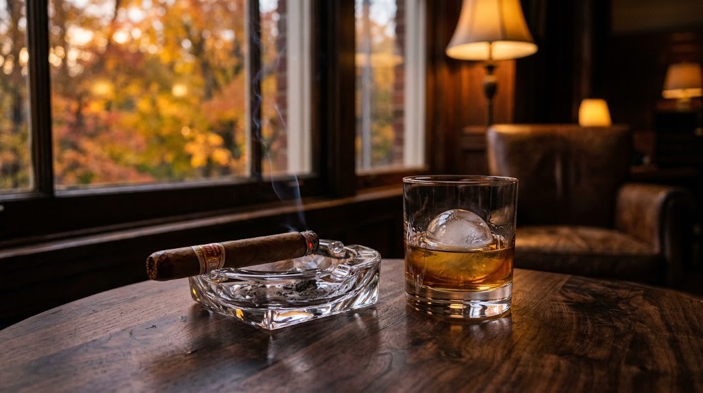 Best fall cigars: a lit cigar beside a glass of whiskey in a lounge with autumn foliage outside the window