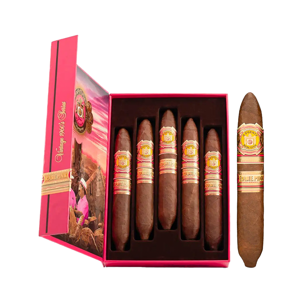 Arturo Fuente Rare Pink Vintage 1960 Happy Ending Sampler Box featuring premium perfecto cigars in distinctive pink presentation packaging.