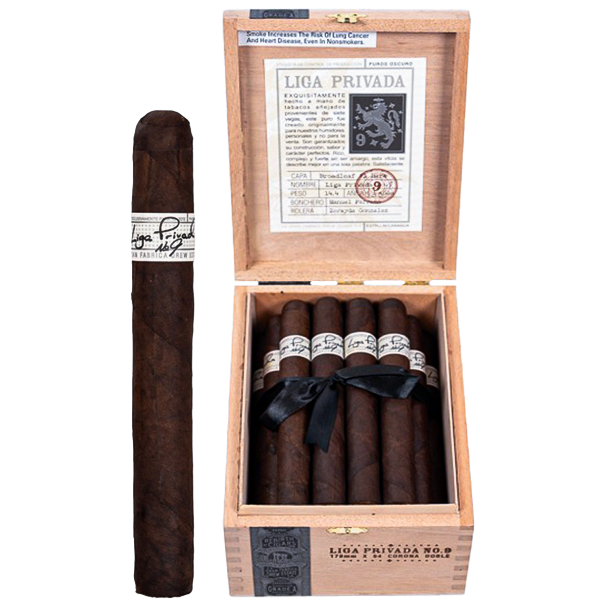 Liga Privada No. 9 Corona Doble full-bodied premium cigar displayed in Santa Monica Cigars humidor with dark wrapper and firm ash
