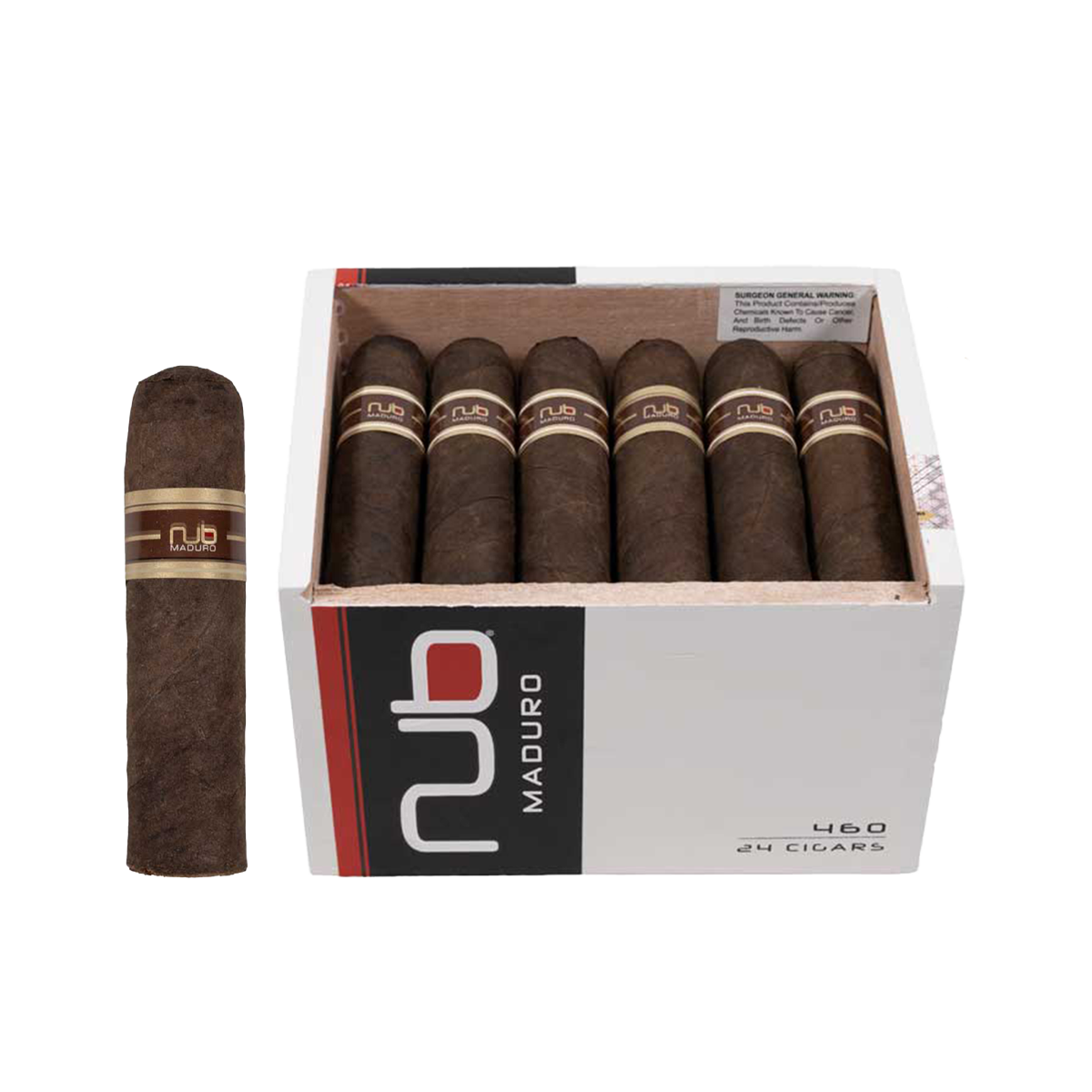 Box of Nub Maduro cigars with a single cigar