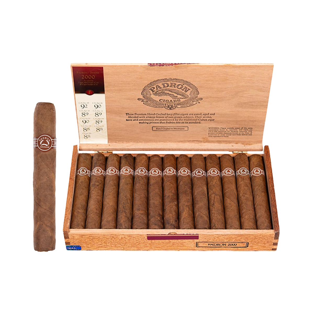 A box of Padron 2000 cigars shown open with multiple cigars inside and one single cigar