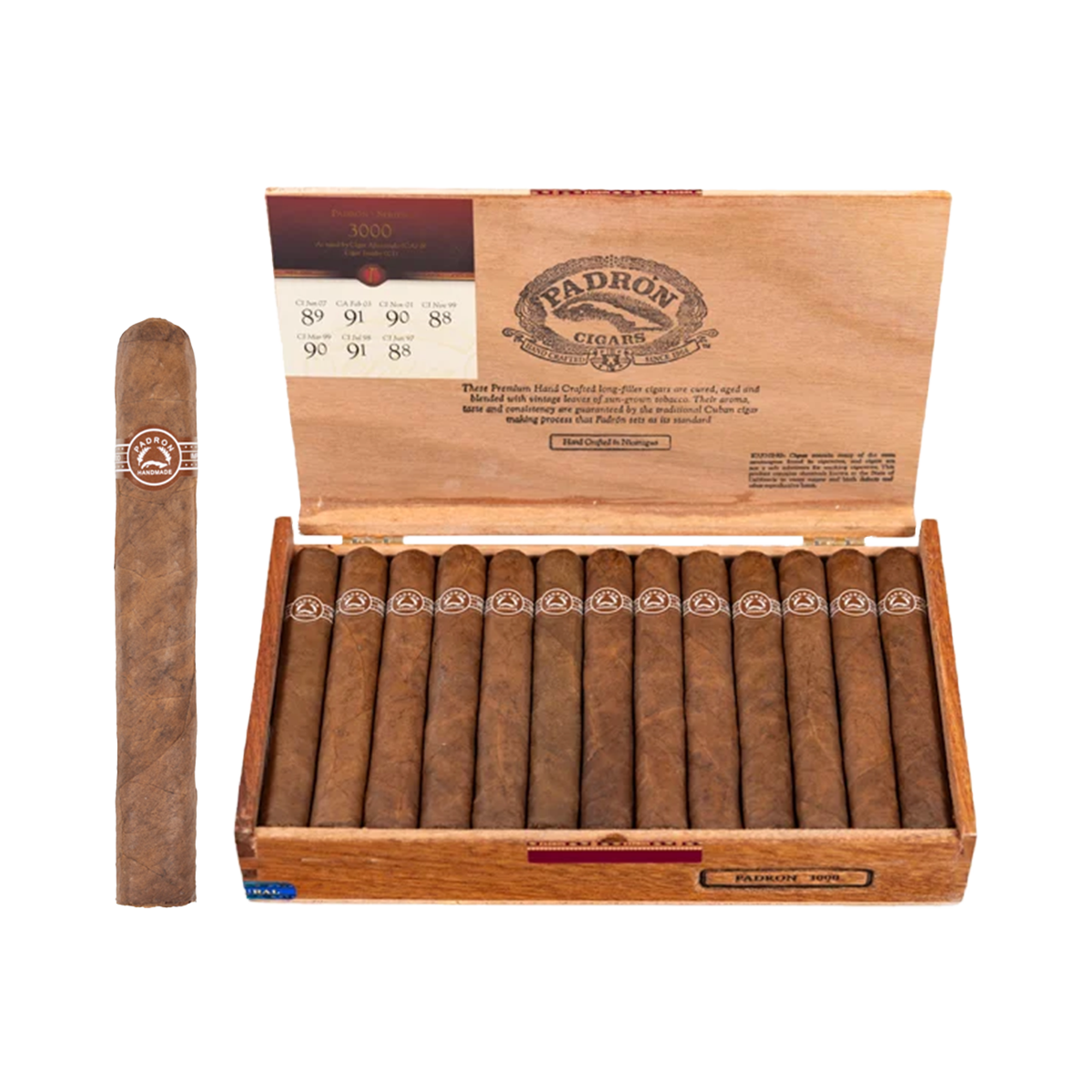 A box of Padrón 3000 cigars shown open with multiple cigars inside, alongside one single cigar standing upright on the left, all photographed on a clean white background.
