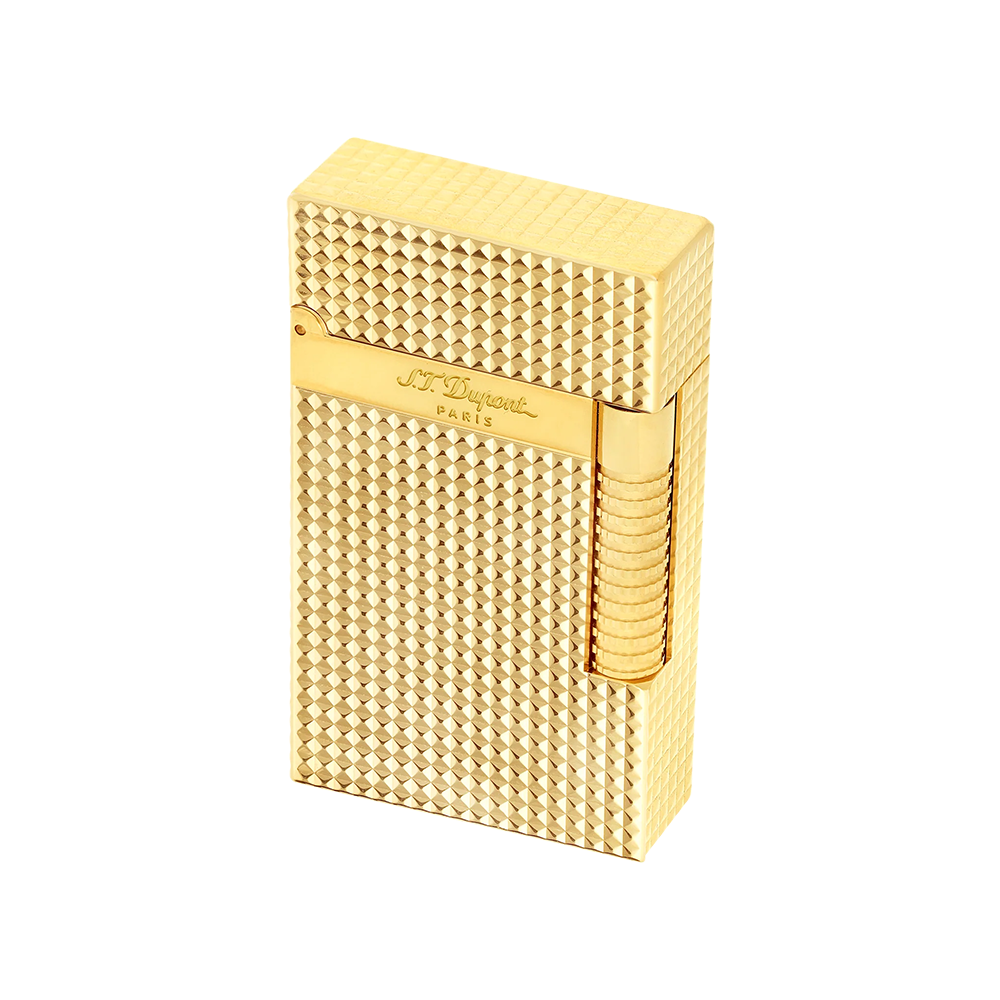 S.T. Dupont Le Grand Cling Diamond Head Gold Luxury Cigar Lighter with Guilloché Finish and Dual Flame Ignition