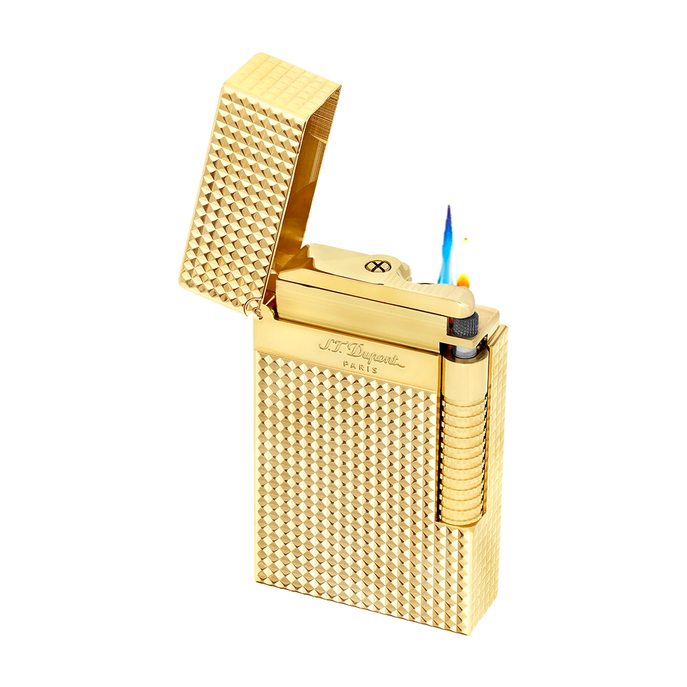 S.T. Dupont Le Grand Cling Diamond Head Gold Luxury Cigar Lighter with Guilloché Finish and Dual Flame Ignition