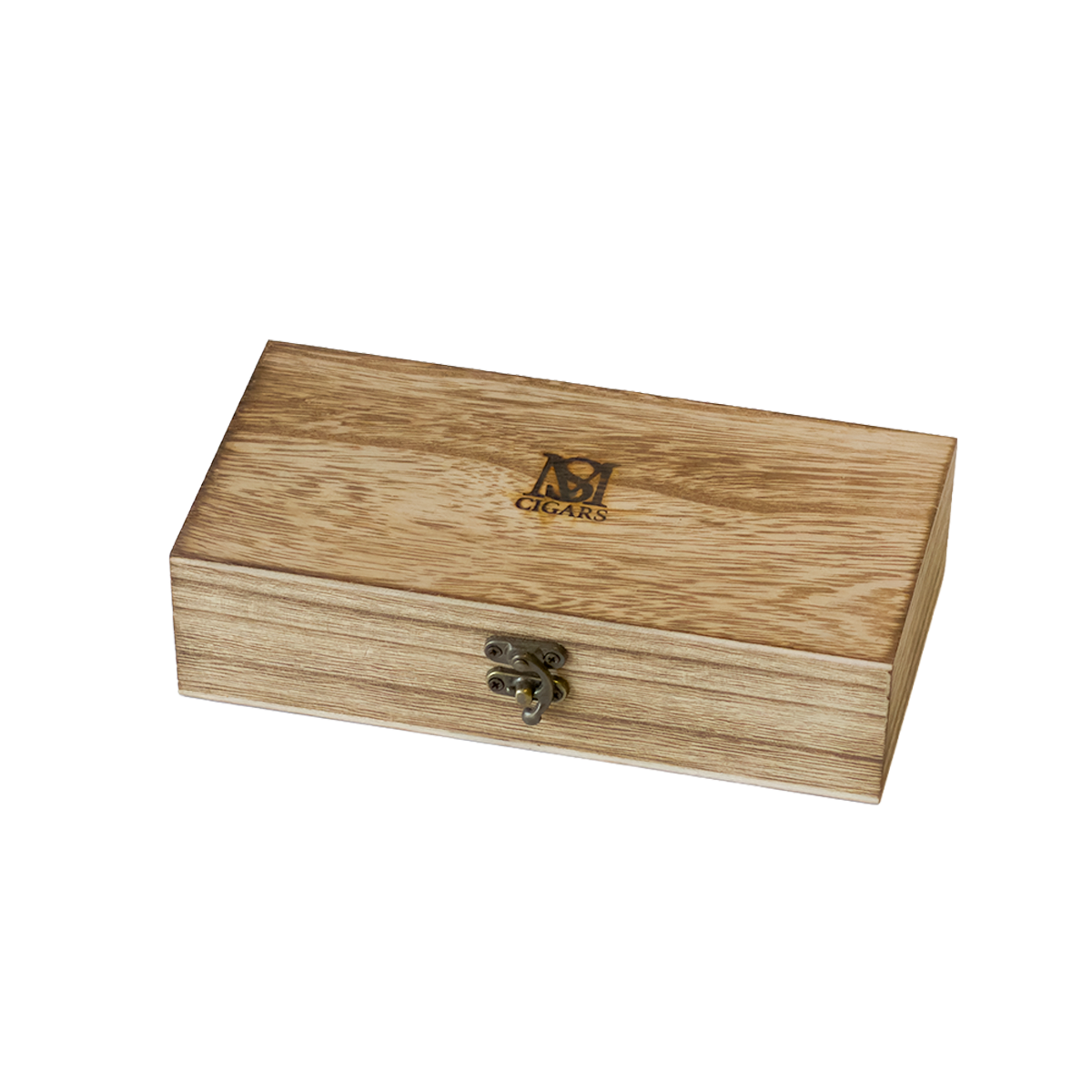 The Santa Monica Trio cigar gift box closed, wooden box with engraved SM Cigars logo